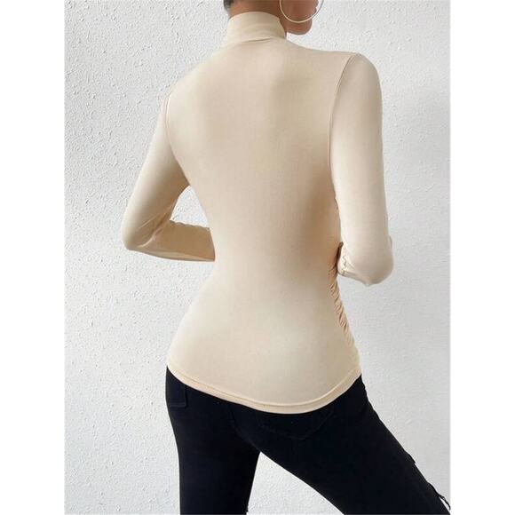 Commense Cross Over Minimalist Collar Pleated Stretch Cinched Top Apricot Small - Picture 3 of 4